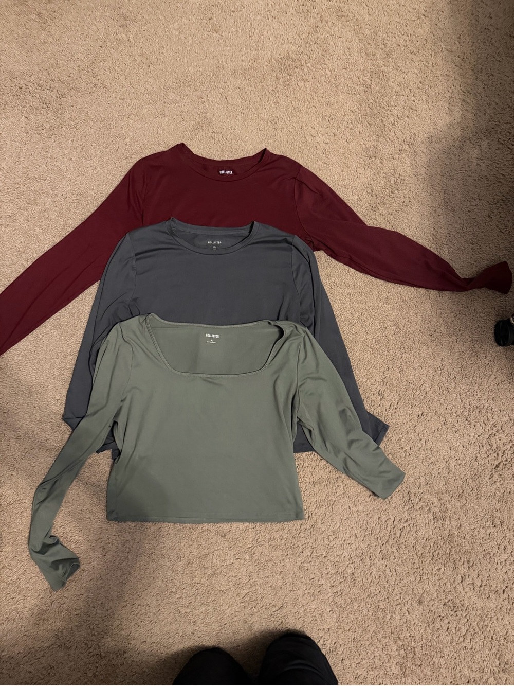 Hollister Long Sleeve Scoop Neck Tops - Burgundy, gray green, Olive